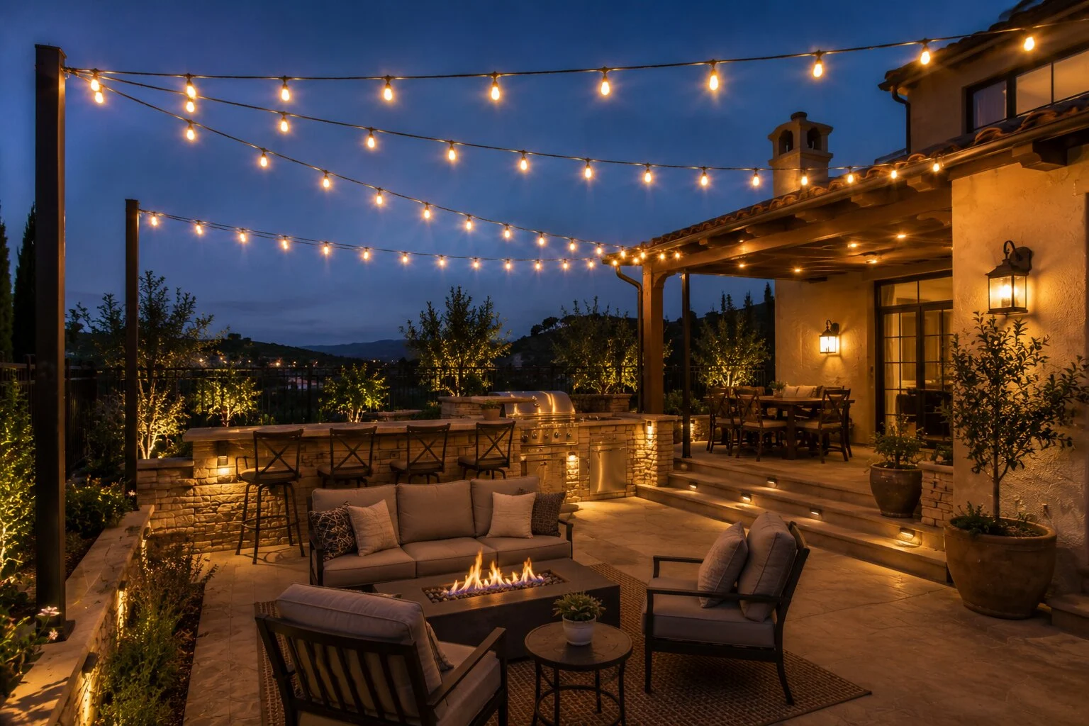 Spanish estate at deep-blue dusk with bistro string lights overhead, linear gas firepit and lounge in the foreground, outdoor kitchen and bar with stools