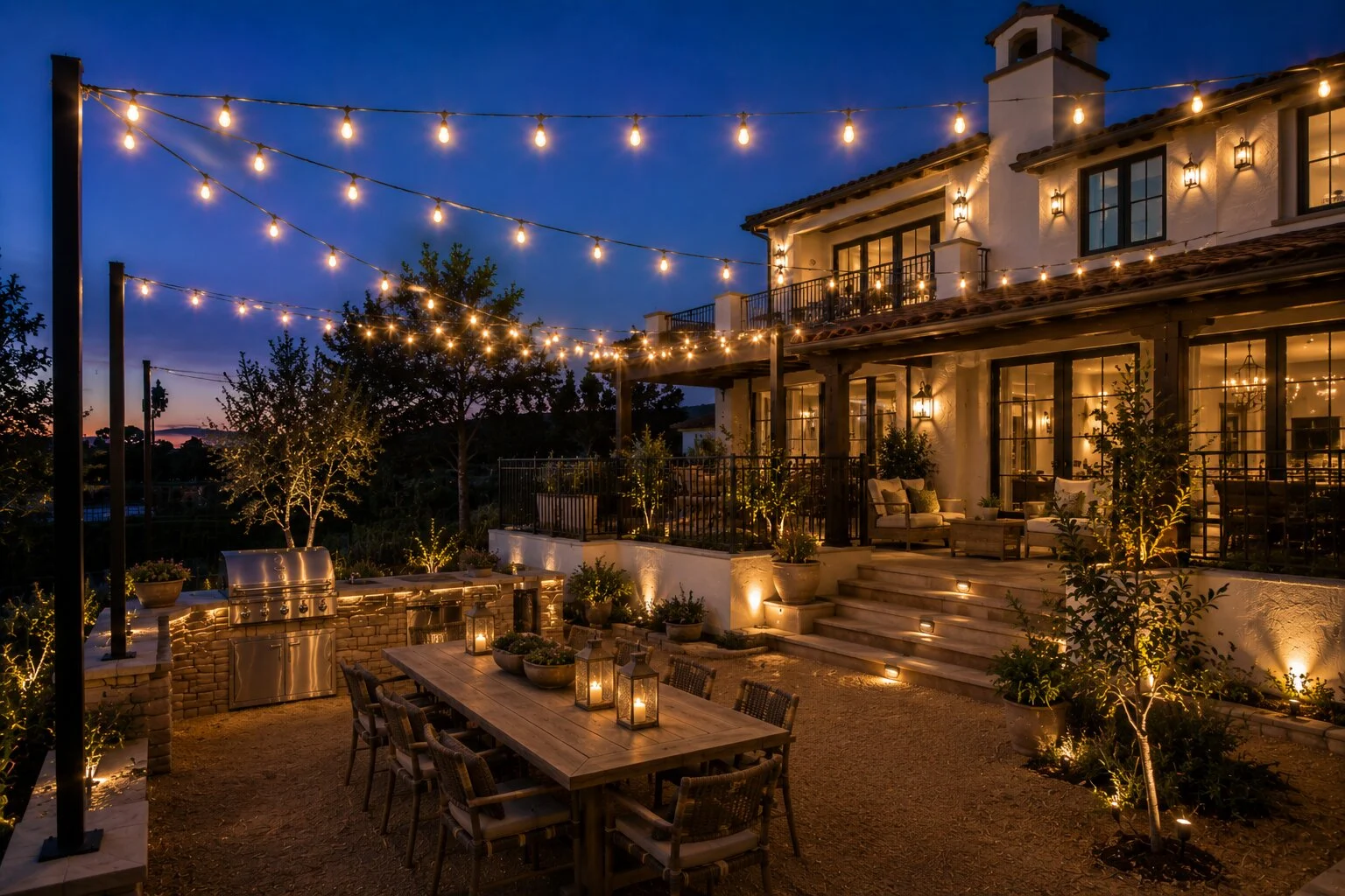 Two-story Spanish revival home with bell tower at deep-blue dusk, bistro string lights between black posts overhead, outdoor kitchen at left, farmhouse dining table with candles and lanterns