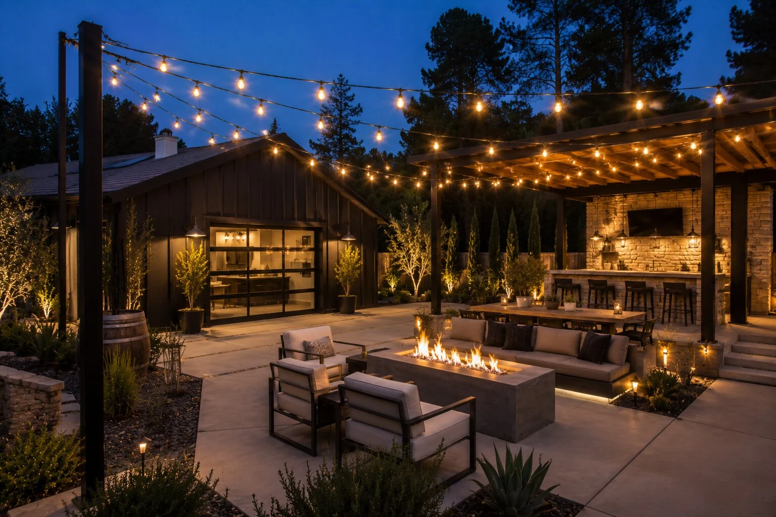 Modern farmhouse barn-style guest house at dusk with bistro string lights, concrete linear firepit and lounge, outdoor kitchen with TV under brick pergola