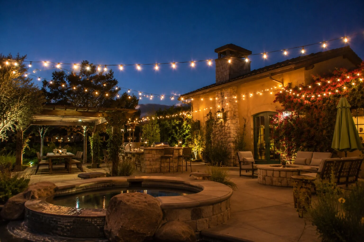 Backyard event setting at deep-blue dusk with a pool and spa in the foreground, warm bistro string lights overhead, an outdoor kitchen and bar with stone counters, a chimney and bougainvillea wall behind, mountain horizon in the distance