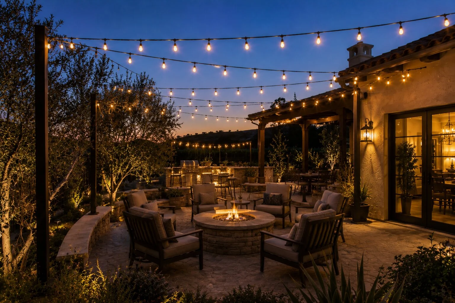 Hilltop Tuscan home at dusk-to-sunset with bistro string lights overhead, round stone firepit with lounge encircling, outdoor kitchen and bar with stools, valley view in the distance