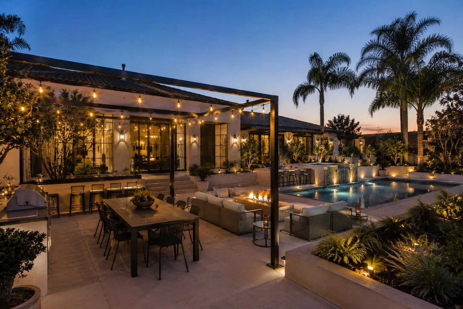 Modern Spanish home at deep-blue dusk with bistro string lights overhead, farmhouse dining table and lounge with linear gas firepit, swimming pool and overflowing spa at right