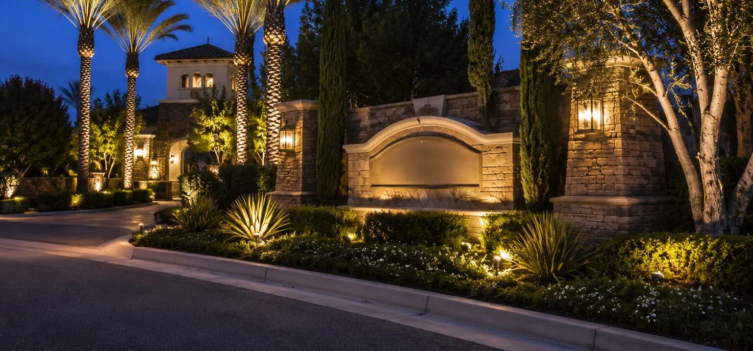 HOA entry monument at dusk with two palms uplit, cypress columns flanking, stacked-stone pillars, low urn water feature