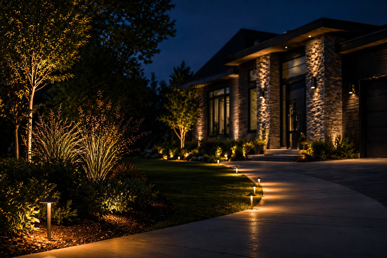 Professional landscape lighting on a beautiful Southern California home at night