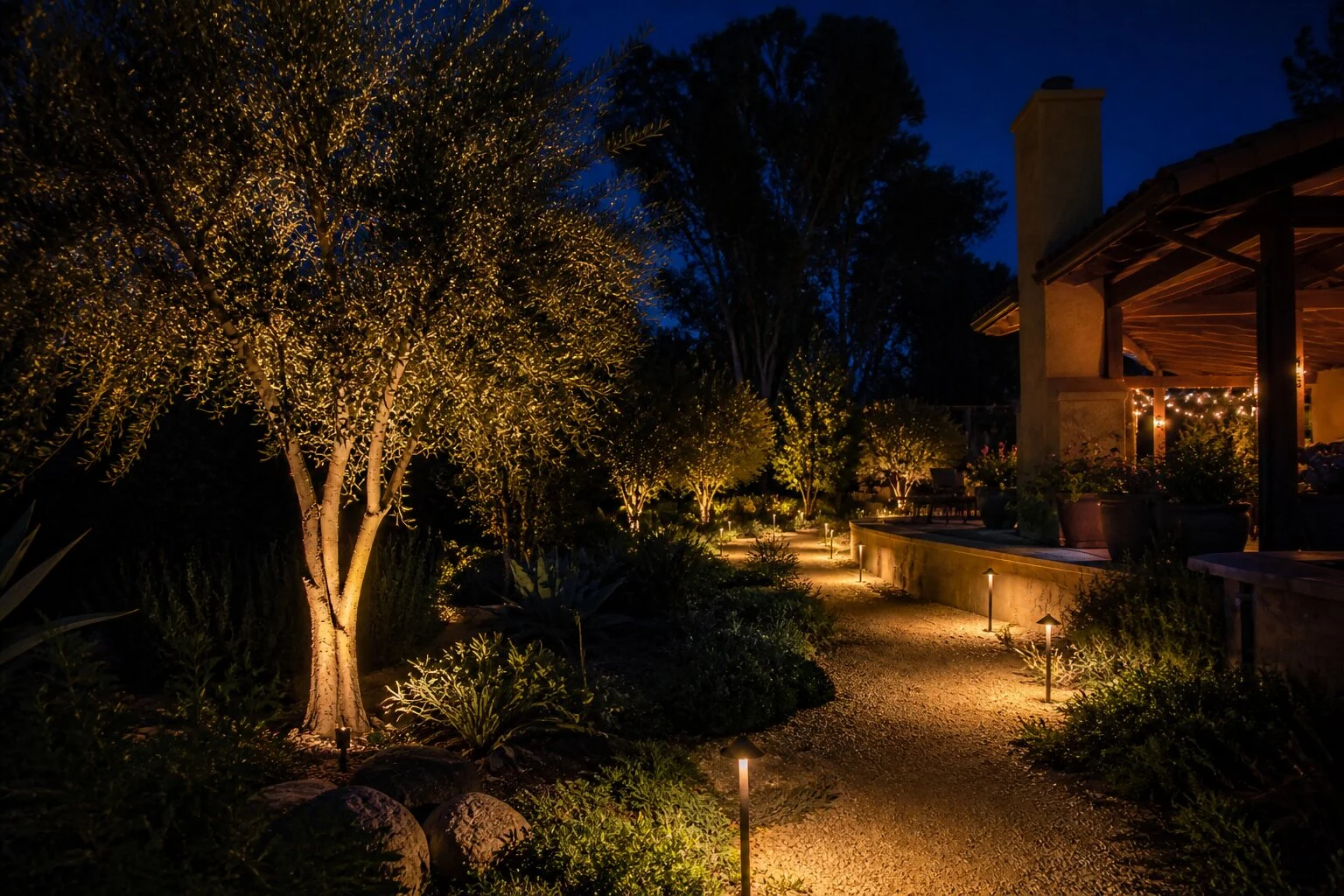 Backyard pergola at dusk with landscape uplighting on the structure, surrounding olives, and a stone patio