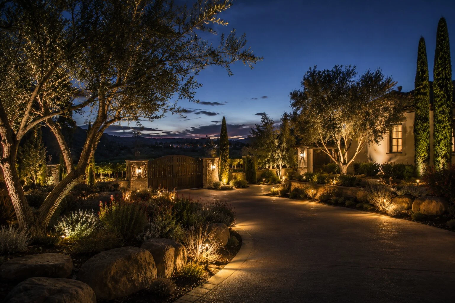 Landscape lighting on a Temecula estate at dusk