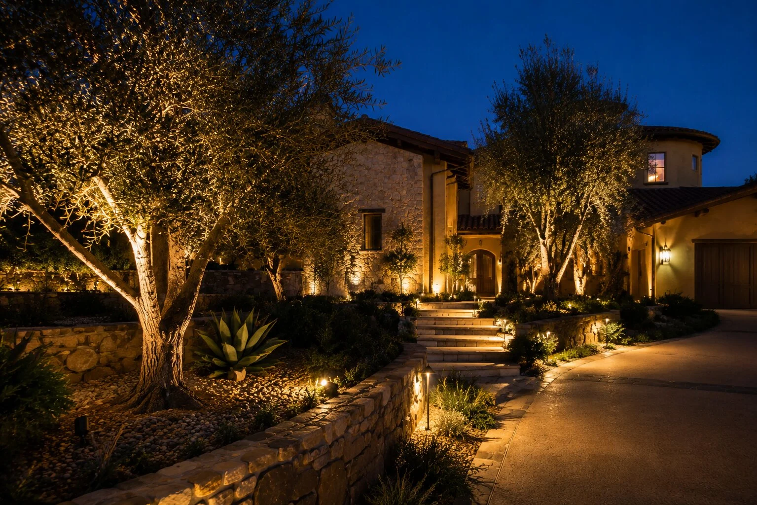 Stone Tuscan-style estate at dusk with uplit olive trees flanking a curved driveway, agave specimen and warm interior glow