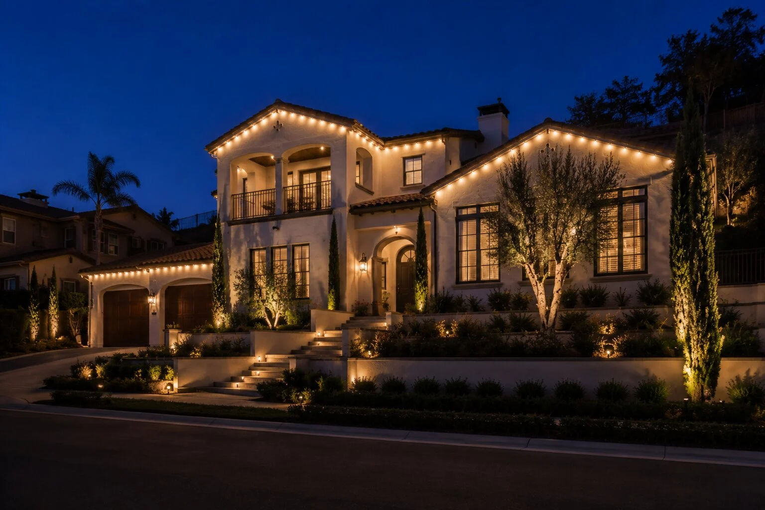 Hillside Spanish home at deep-blue dusk with warm-white permanent eave lighting on every gable, cypress columns flanking the driveway