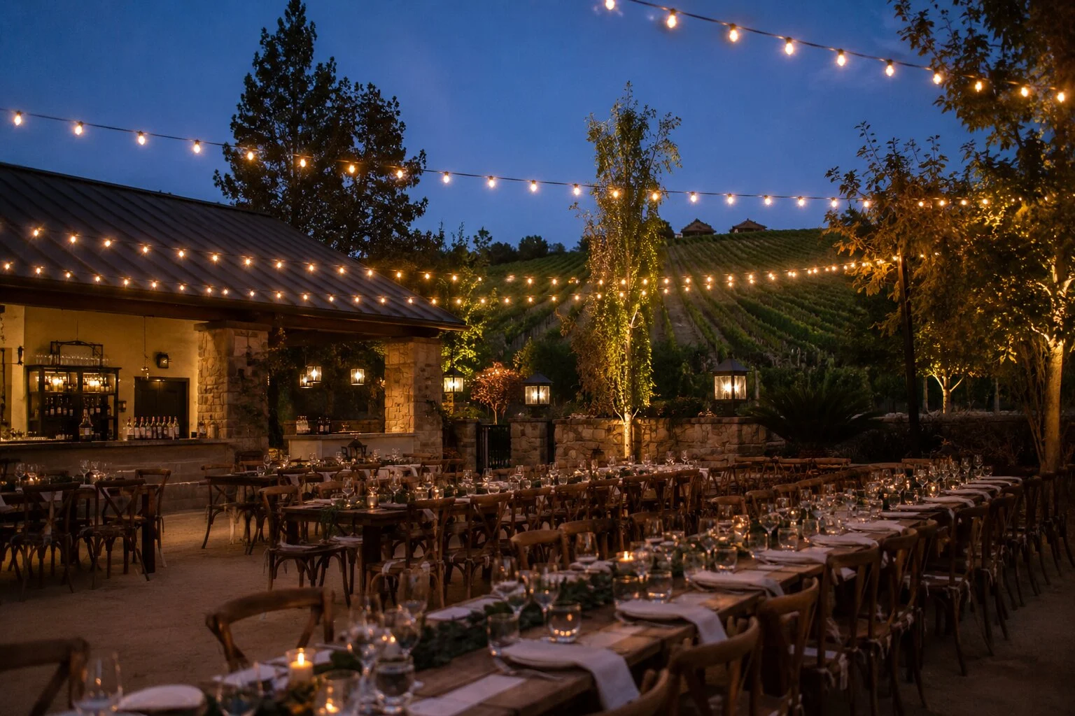 Wedding reception under a canopy of warm bistro string lights at dusk