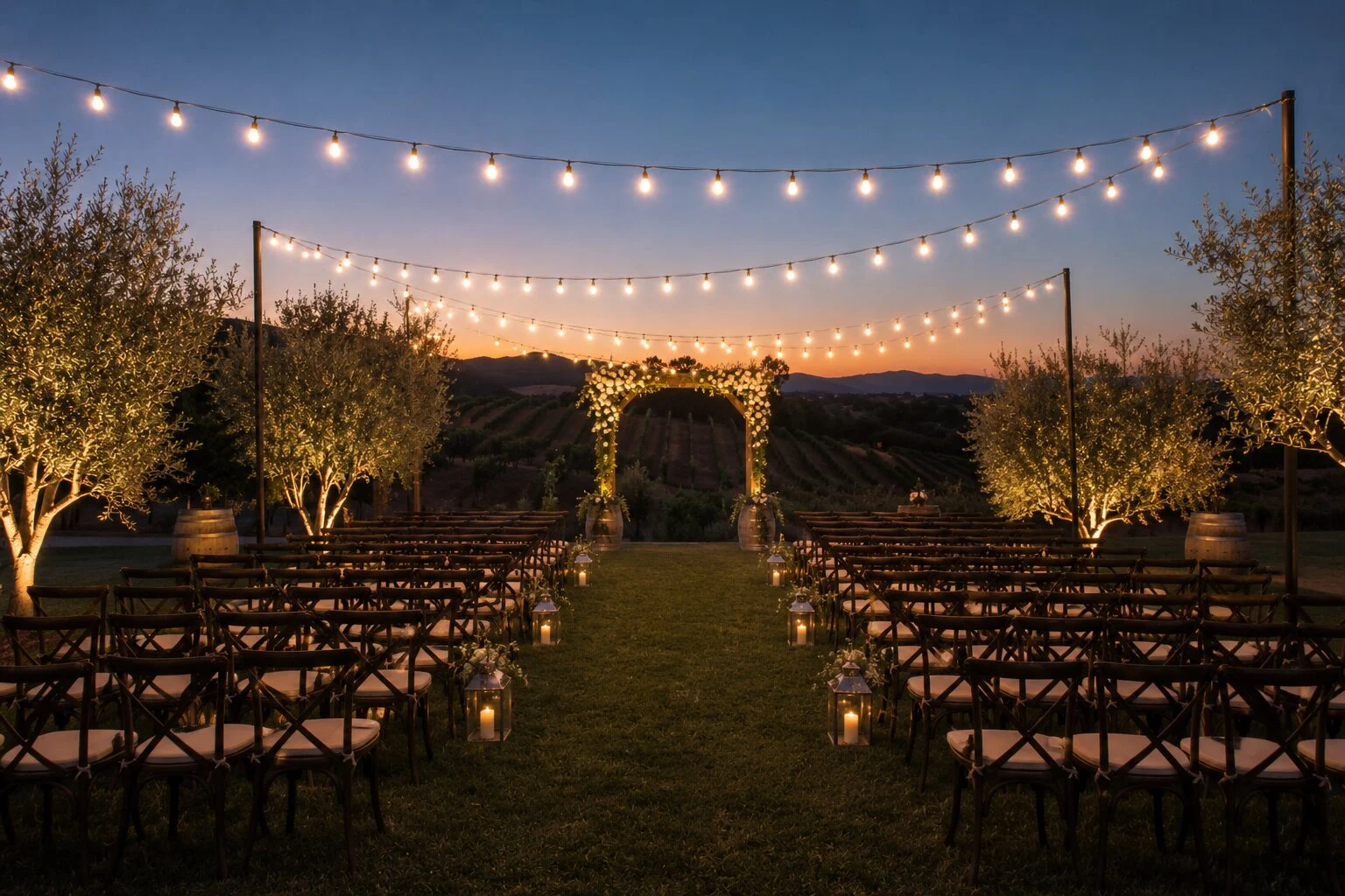 Outdoor vineyard wedding ceremony at sunset, farmhouse chairs along a grass aisle, floral arch at the head, bistro string lights and lanterns overhead