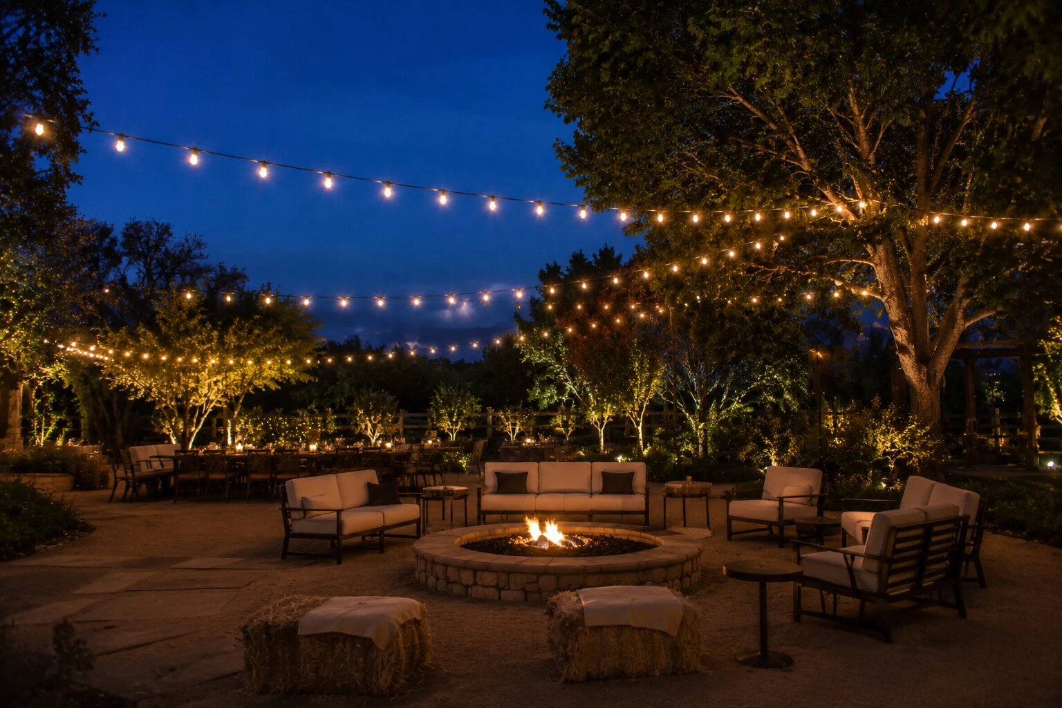 Outdoor event lounge area at dusk with a circular stone firepit at center, plush lounge sofas with cushions, hay-bale ottomans, warm bistro string lights crisscrossing overhead, mature uplit trees and a deep blue sky